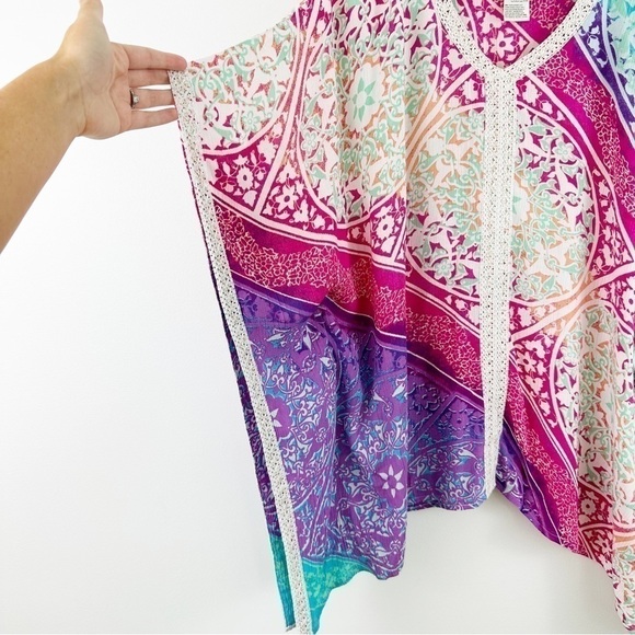 Chicos Womens Small Medium Pink Blue Boho Print Poncho Shirt Short Sleeve Beach - Picture 5 of 6